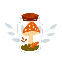 Autumn fly agaric in a glass jar.