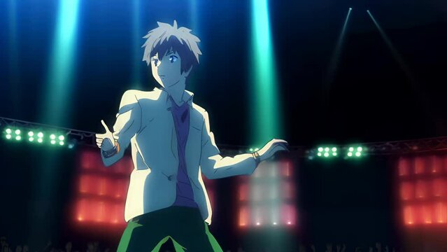 Anime male idol performing on stage, delicate shades, concept: cartoon character singing and performing.