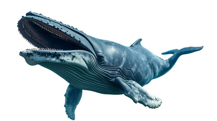 Fototapeta premium Whale - Blue whale swimming with open mouth isolated on a transparent background, PNG file, advertisement, template, mockup template,