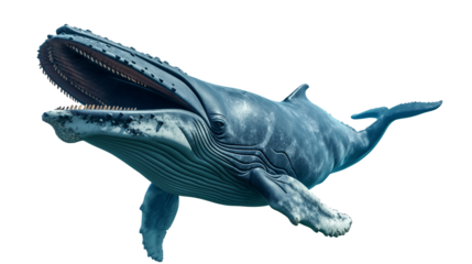 Whale - Blue whale swimming with open mouth isolated on a transparent background, PNG file, advertisement, template, mockup template,