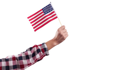 A woman hand holding the USA Flag isolated on a transparent background, PNG file, advertisement, template, mockup template,