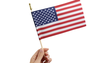 A woman hand holding the USA Flag isolated on a transparent background, PNG file, advertisement, template, mockup template,
