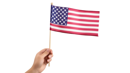 A woman hand holding the USA Flag isolated on a transparent background, PNG file, advertisement, template, mockup template,