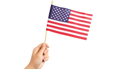 A woman hand holding the USA Flag isolated on a transparent background, PNG file, advertisement, template, mockup template,