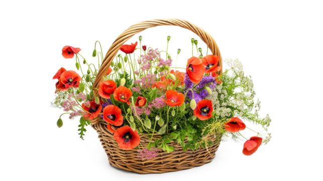 Wicker basket with a bouquet of summer wildflowers poppy. Blooming flowers red poppies, pansies, and herbs in a meadow wreath isolated on a transparent background