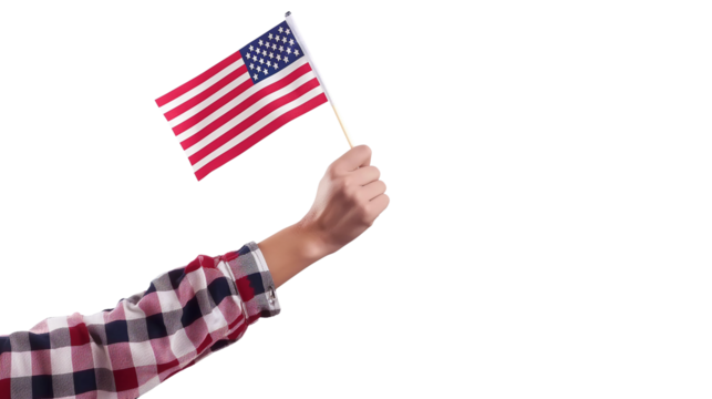 A woman hand holding the USA Flag isolated on a transparent background, PNG file, advertisement, template, mockup template,