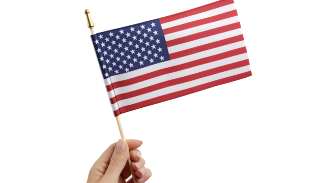 A woman hand holding the USA Flag isolated on a transparent background, PNG file, advertisement, template, mockup template,