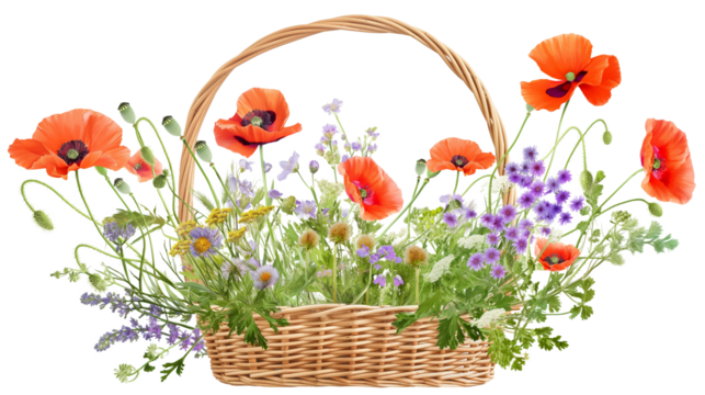 Wicker basket with a bouquet of summer wildflowers poppy. Blooming flowers red poppies, pansies, and herbs in a meadow wreath isolated on a transparent background