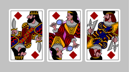 Diamonds suit playing cards of King, Queen and Jack in funny modern colorful linear style. Vector illustration