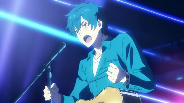Anime male idol performing on stage, delicate shades, concept: cartoon character singing and performing.