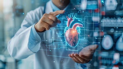 Doctor pointing at 3D heart on digital screen,  healthcare medical technology and innovations to diagnose and treatment in heart and cardiovascular system disease.	