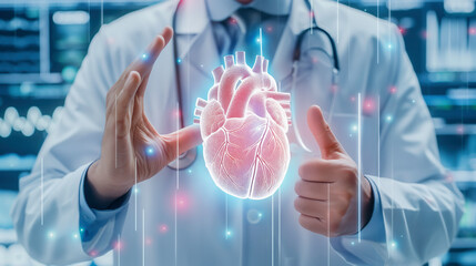 A doctor holding a 3D heart virtual futuristic digital interface screen, healthcare medical technology and innovations to diagnose and treatment  cardiovascular system disease.	