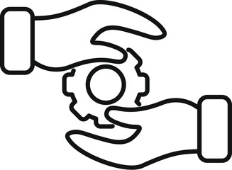 Black line art of hands with a cogwheel, symbolizing teamwork and collaboration