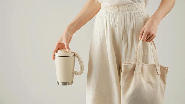 Woman is carrying cloth bag and tumbler to replace and reduce using plastic cups and plastic bags, Low carbon society concept.	