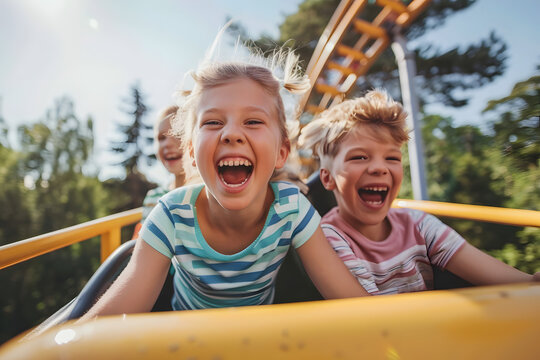 Mother and two children family riding a rollercoaster at an amusement park experiencing excitement, joy, laughter, and fun