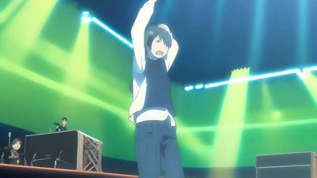 Anime male idol performing on stage, delicate shades, concept: cartoon character singing and performing.