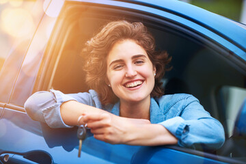 Girl, new car and drive with keys for portrait for accessibility, efficiency and freedom for...