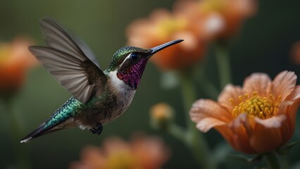 Fototapeta premium A hummingbird sitting on a flower stem, it sips nectar from the vibrant petals