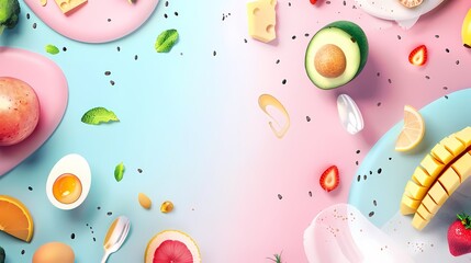 Colorful spread of fresh fruits cheeses and nuts on a pastel background