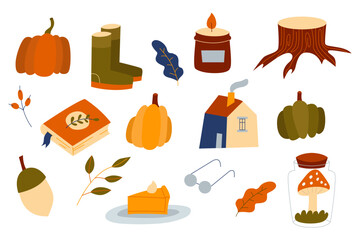 Set autumn objects to decorate the design.