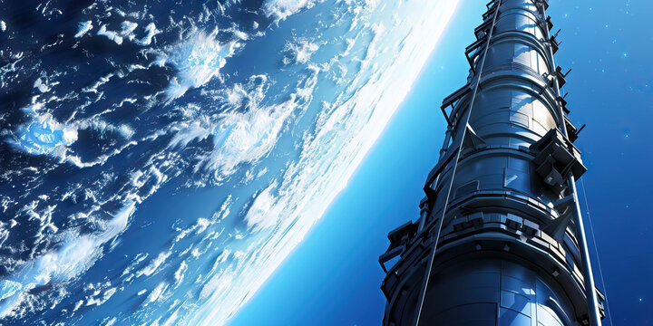 A space elevator rises from the Earth's surface to a floating platform in the sky