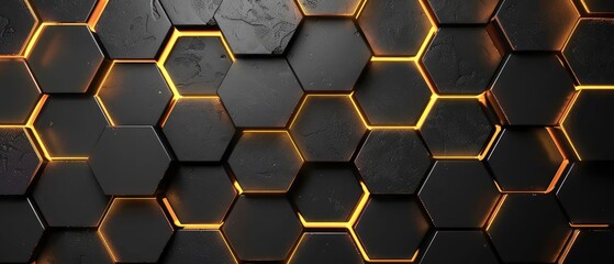 luxury hexagonal abstract black metal background with golden light lines dark 3d geometric texture illustration bright grid pattern pure black horizontal banner wallpaper carbon