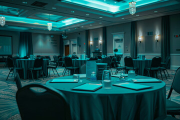 A large room with tables and chairs set up for a meeting