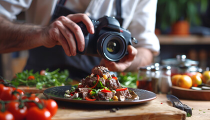 Professional photographer taking photo while food stylist decorating composition with meat medallion in studio