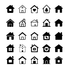 Fototapeta premium Collection home icons. House symbol. Set of real estate objects and houses black icons isolated on white background. Vector illustration.