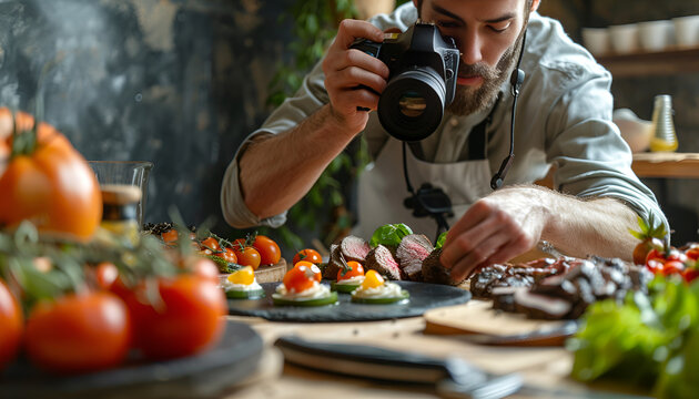 Professional photographer taking photo while food stylist decorating composition with meat medallion in studio