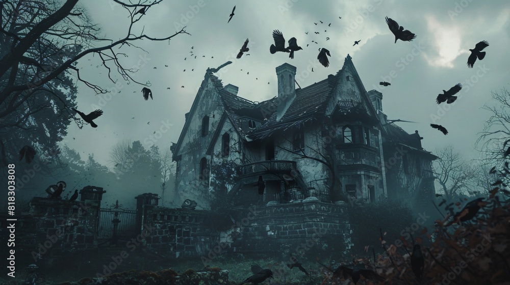 Wall mural view of an old house, with many crows flying around, in semi-darkness, made in mystic style