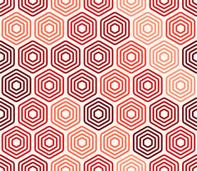 Abstract template background featuring bold stacked rounded hexagons in a mosaic pattern with red color tones. Seamless and tileable vector illustration.
