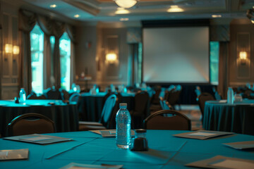 A large room with tables and chairs, and a projector screen