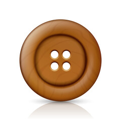 Vector Beige or Brown Color Wooden Four Hole Clothes Button Closeup, Isolated on White Background with Reflection. Round Button, Front View