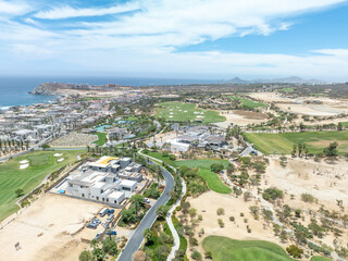 Aerial view of luxury golf course on the pacific ocean in Los Cabos, Cabo San Jose, Mexico