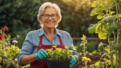 Smiling elderly woman wearing gloves in the garden job
