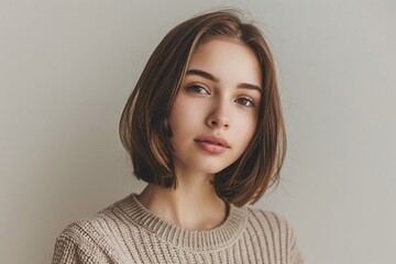 Fototapeta premium Portrait of Young Woman with Short Brown Hair, Natural Beauty, Minimalist Background, Soft Lighting, Casual Sweater, Thoughtful Expression, Copy Space for Text