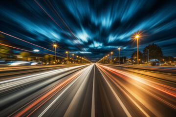 An abstract depiction of a bustling suburban highway at evening, illuminated by moonlight, with motion blur and mesmerizing light trails