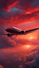 AI generated illustration of an airplane soaring above vibrant red clouds in the sky