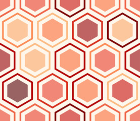 Honeycomb mosaic background. Hexagon mosaic background with inner solid cells. Red color tones. Large hexagons. Tileable pattern. Seamless vector illustration.