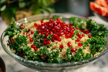 Kale Caesar Salad with quinoa and pomegranate seeds