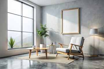 Blank wooden frame on desk with plant and pencils