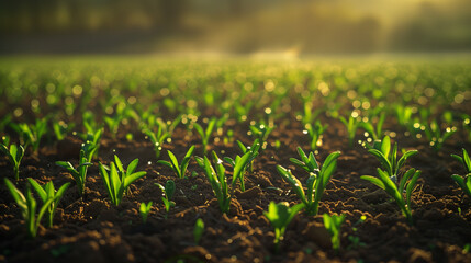 Spring fields, sprouting seeds in lines, morning sunshine spring at the agricultural land