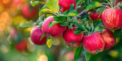 Obraz premium Red apples on a tree branch in an apple orchard during harvest time in the morning light