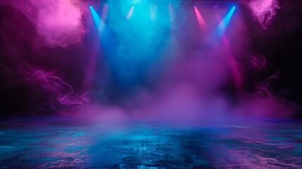 Fototapeta premium Vibrant Blue and Pink Lit Stage With Smoke