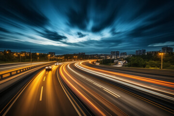 Obraz premium An abstract depiction of a bustling suburban highway at evening, illuminated by moonlight, with motion blur and mesmerizing light trails