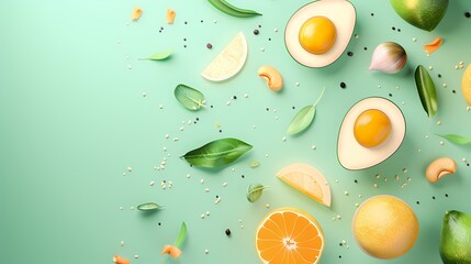 Fresh and zesty citrus fruits with avocado on a green backdrop