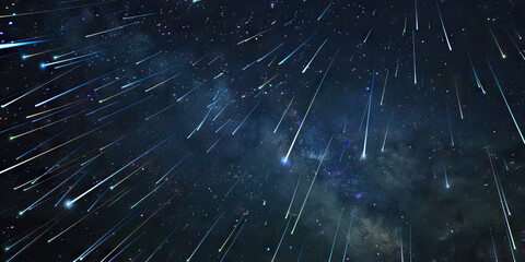 A meteor shower lights up the night as dozens of shooting stars dance across the sky.