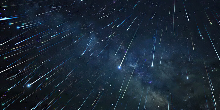A meteor shower lights up the night as dozens of shooting stars dance across the sky.