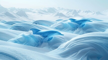 Fototapeta na wymiar Pale Blue Frozen Waves Sculpted into Dolphins Amidst a Stark White Snowfield